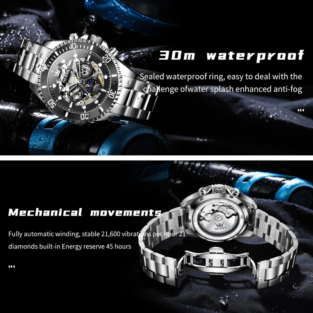 OLEVS 6715 Mechanical Fashion Watch Gift Stainless Steel Watchband Round-dial Wristwatch Luminous Small second