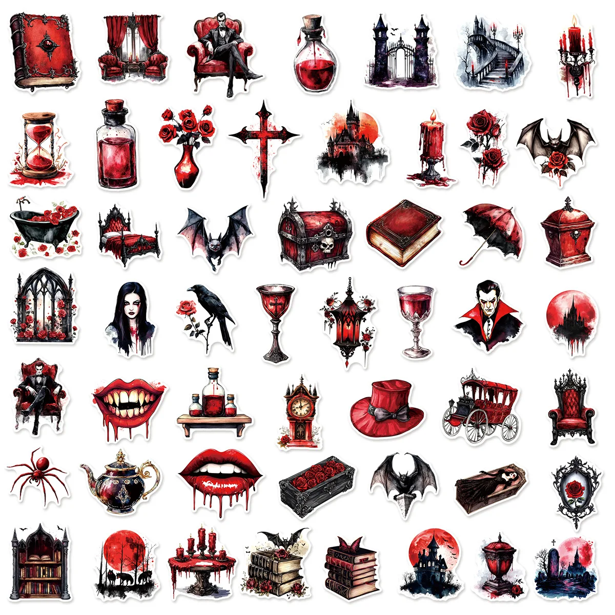 50/100 Pcs Red Gothic Horror Vampire Stickers DIY for Guitar Helmet Notebook Scooter Fade Resistant Residue-free Decals