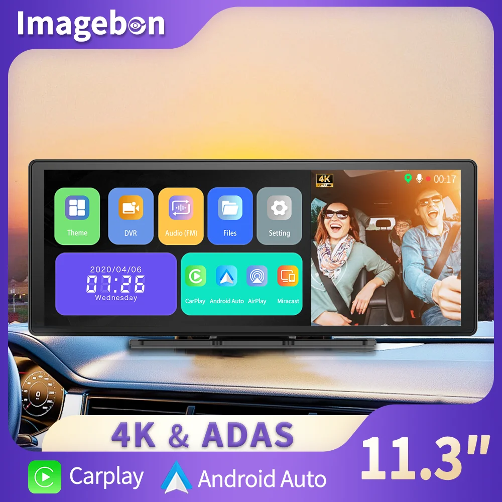 11.3" Imagebon H50 Dash Cam 4K ADAS Wireless CarPlay & Android Auto 3 Channel Recording Time Lapse 24h Park Monitor Black Box