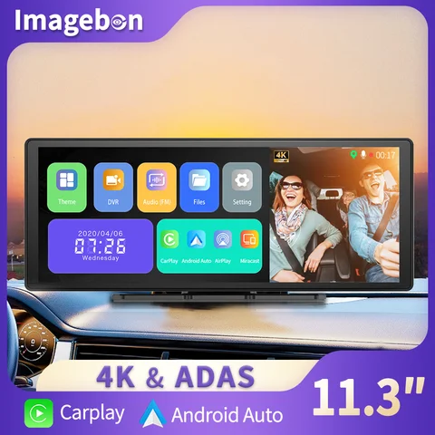11.3인치 Imagebon H50 대시 캠 4K ADAS 무선 CarPlay 및 Android Auto 3채널 녹화 시간 경과 24시간 주차 모니터 블랙박스