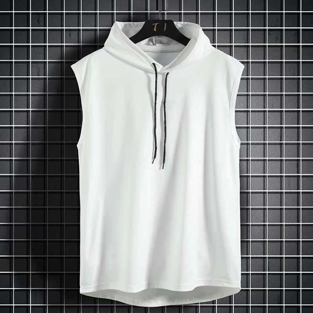 Workout Hooded Tops Men Sleeveless Gym Hoodies Bodybuilding T Shirt Dark Gray L 3XL Polyester Black/White/Dark gray