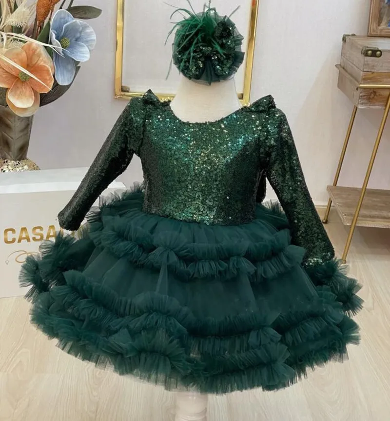 Geschwollene grüne Baby kleid Kleinkind erstes Geburtstags kleid Kind Tutu Outfit Weihnachten Neujahr Größe 1-12t