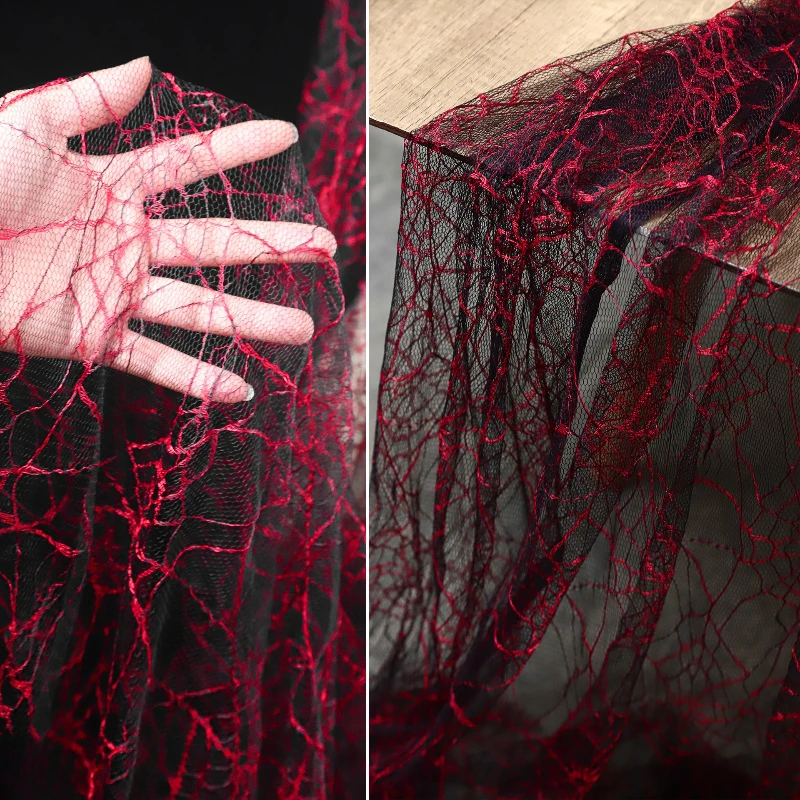 Red Spider Web Texture Thin Transparent Mesh Fabric Spring Summer Dress Slightly Elastic Dark Style DIY Clothing Designer Fabric