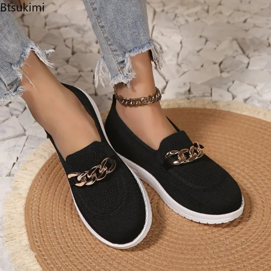 2025 Women's Chain Decor Flats Fashion Round Toe Shallow Loafers Casual Shoes Breathable Comfy Sneakers New Ladies Walking Shoes