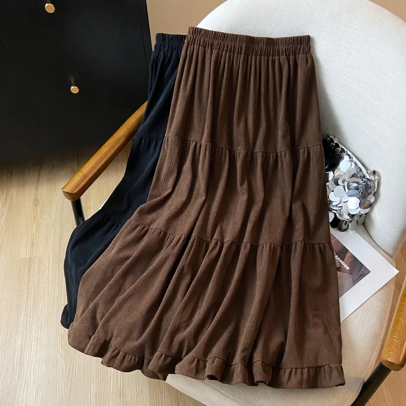 

Autumn Winter Corduroy Skirt Women Retro Thickened Splicing Ruffle Midi Long Skirt