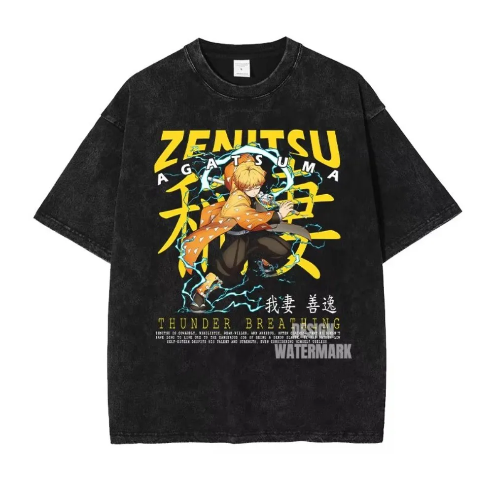 Demon Slayer Anime Oversized Washed T Shirt Unisex Vintage Gothic Graphic Print Short Sleeve Streetwear Summer Casual Fitness