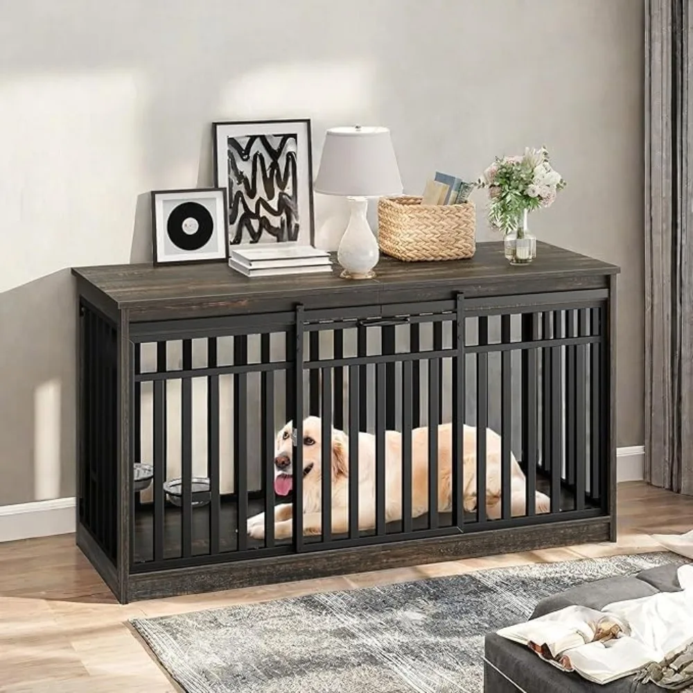 

55 Inch Large Wooden Dog Crate Furniture: Heavy-Duty TV Stand with 2 Dog Bowls – Indoor Metal Kennel Furniture