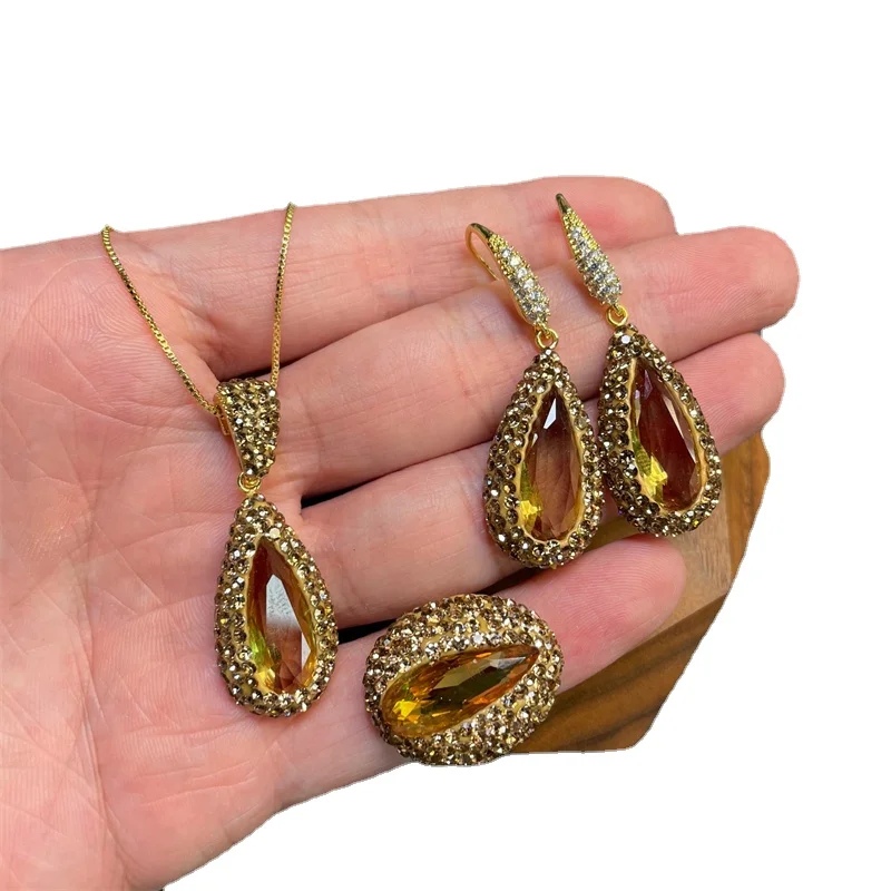 Sudan Stone Turkish Color-changing Jewelry Set Rhinestone Waterdrop Shape Zultanite Crystal 3piece Jewelry Ring Earring Necklace