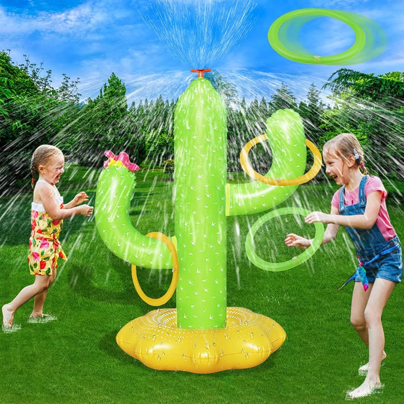 Inflatable Cactus Pool Toys for Boys Girls Summer Outdoor Game with 4 Rings Backyard Water Sprinkler Spray Toy Gifts for Kids