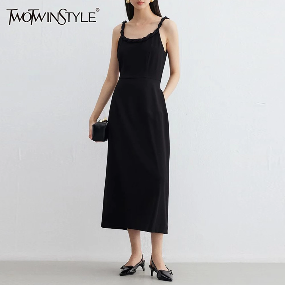 

TWOTWINSTYLE Solid Slimming Temperament Dresses for Women Round Neck Sleeveless Patchwork Twisting Midi Dress Female Clothing