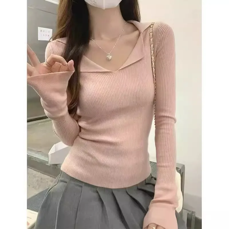 Suéter de punto de Cachemira de manga larga con cuello tipo Polo francés para mujer, nuevo suéter con base de lana de alta gama