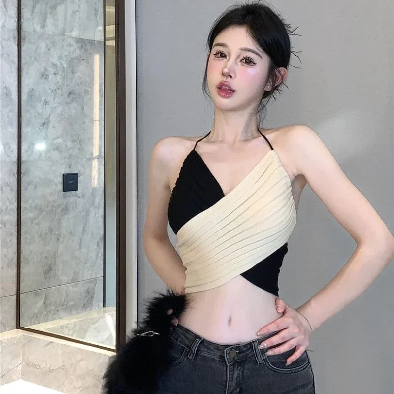 Été femmes haut nouveau Hotsweet col suspendu tricoté Camisole Camis fille Sexy dos nu Super court culture hauts femme