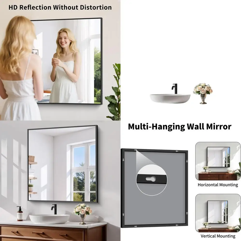 

Зеркало для ванной из закаленного стекла 32x28, HD-качество, горизонтальное/вертикальное крепление, матовая рама из сплава