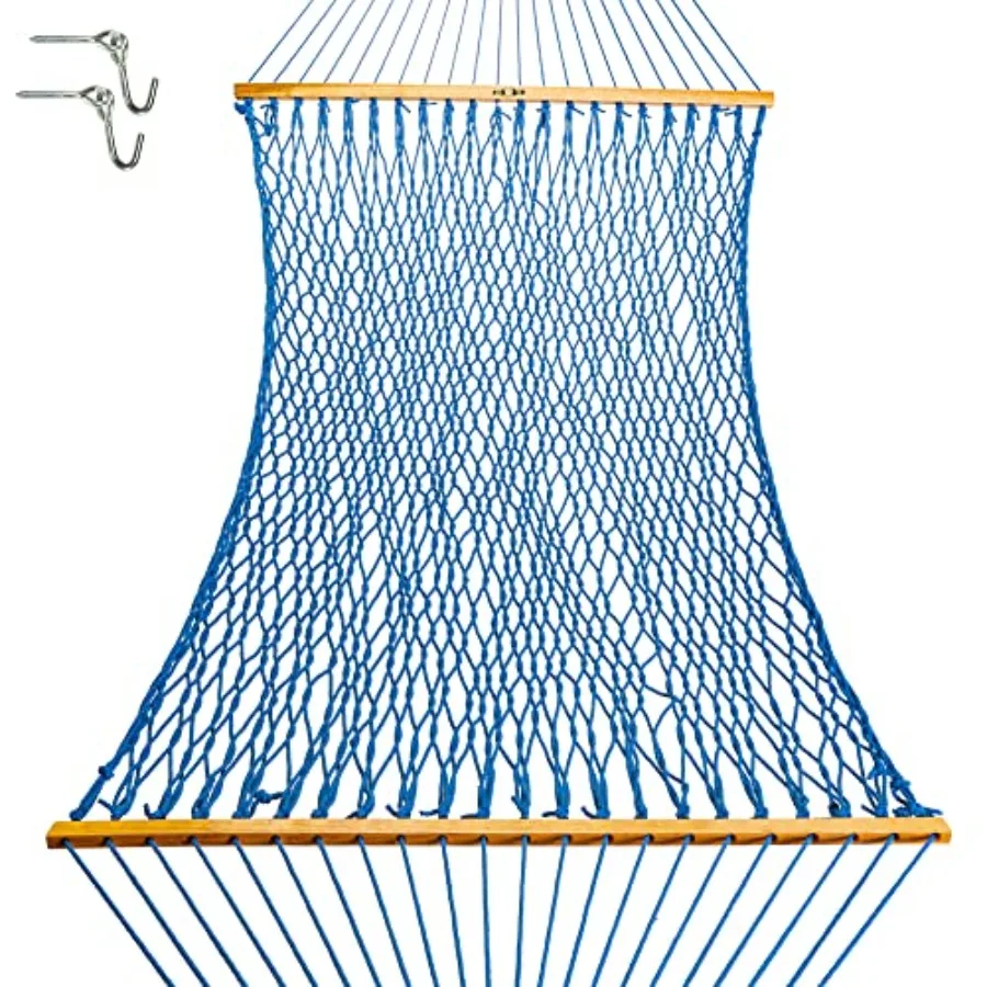 Outdoor large coastal blue DuraCord rope hammock, 13 ft x 55 in, 2-person, 450 lb capacity, oak spreader bar, zinc-plated hardw