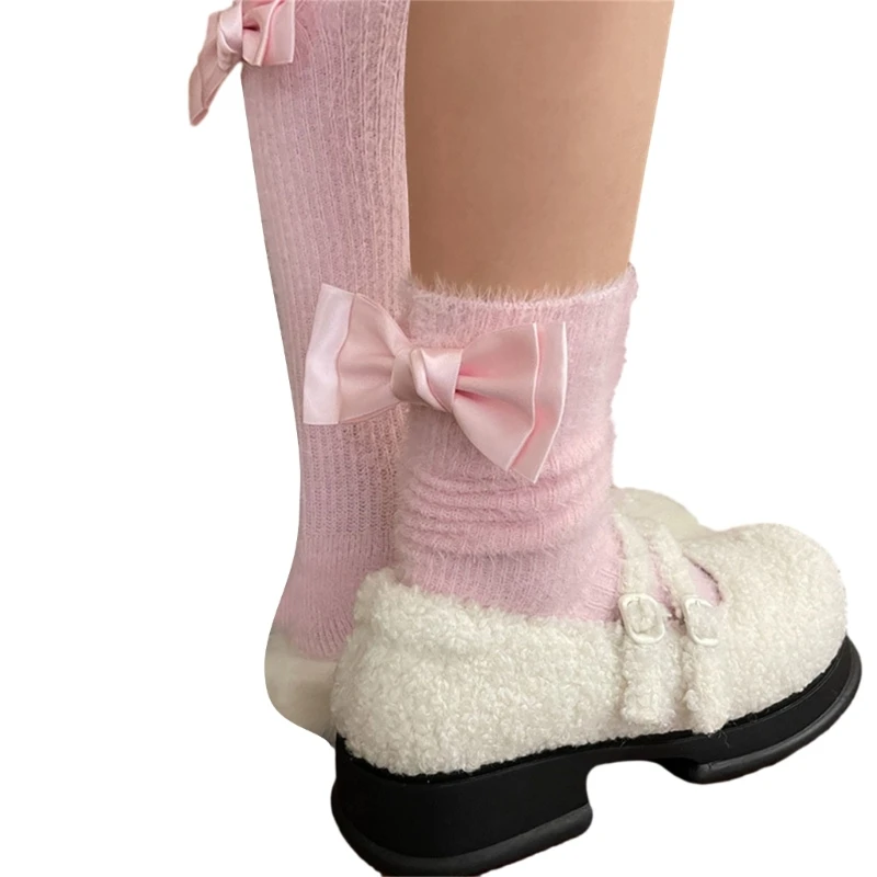 Calcetines tobilleros estilo Ballet para mujer, calcetines holgados con lazo, calcetines peludos dulces M6CD