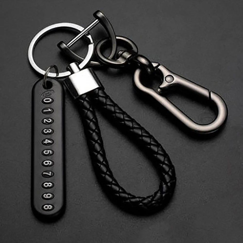Anti-lost Car Keychain Phone Number Card Keyring Leather Bradied Rope Auto Vehicle Key Chain Holder Accessories Gift for Husband