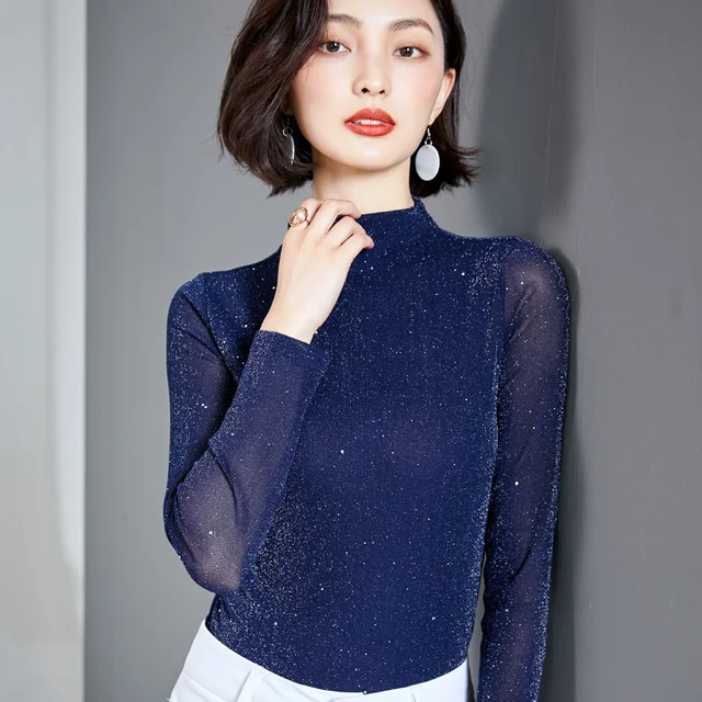 # 1610 Black Blue Khaki Bright Silk Mesh T Shirt Women Thin Stretch Mesh Tshirt Long Sleeve Solid Color Sexy Office Basic T-shirt