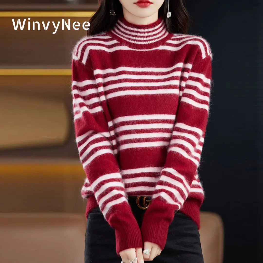 

WinvyNee Women Clothing Mink Cashmere Sweater Half High Collar Red Stripped Tops Outerwears 2024 Plus Size Pullover A1248020
