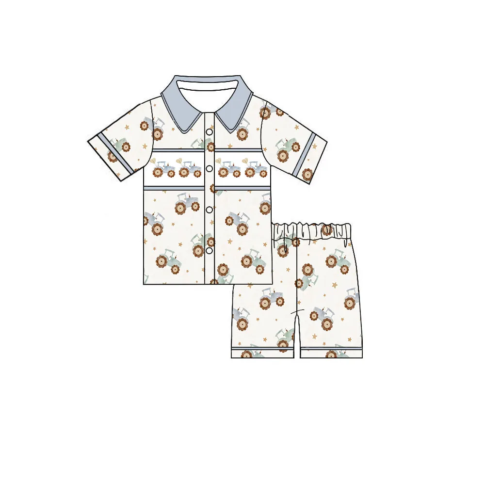 Girls' pajama set short-sleeve shorts heart-shaped pocket bow decoration car print custom wholesale available