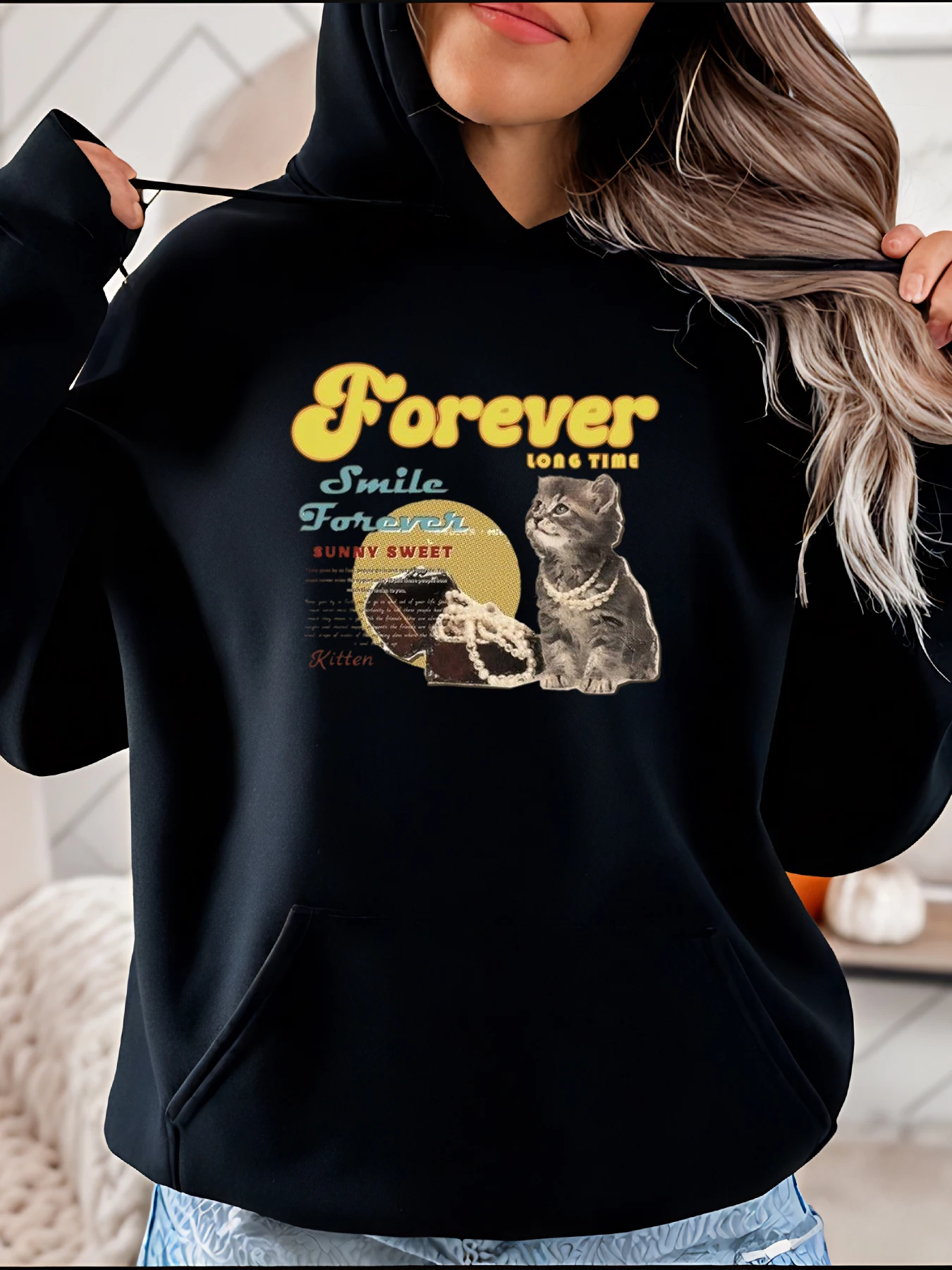 

Forever Smile Kitten Print Hoodie Women Casual Fashion Sweatshirt Autumn Winter Outwear 280