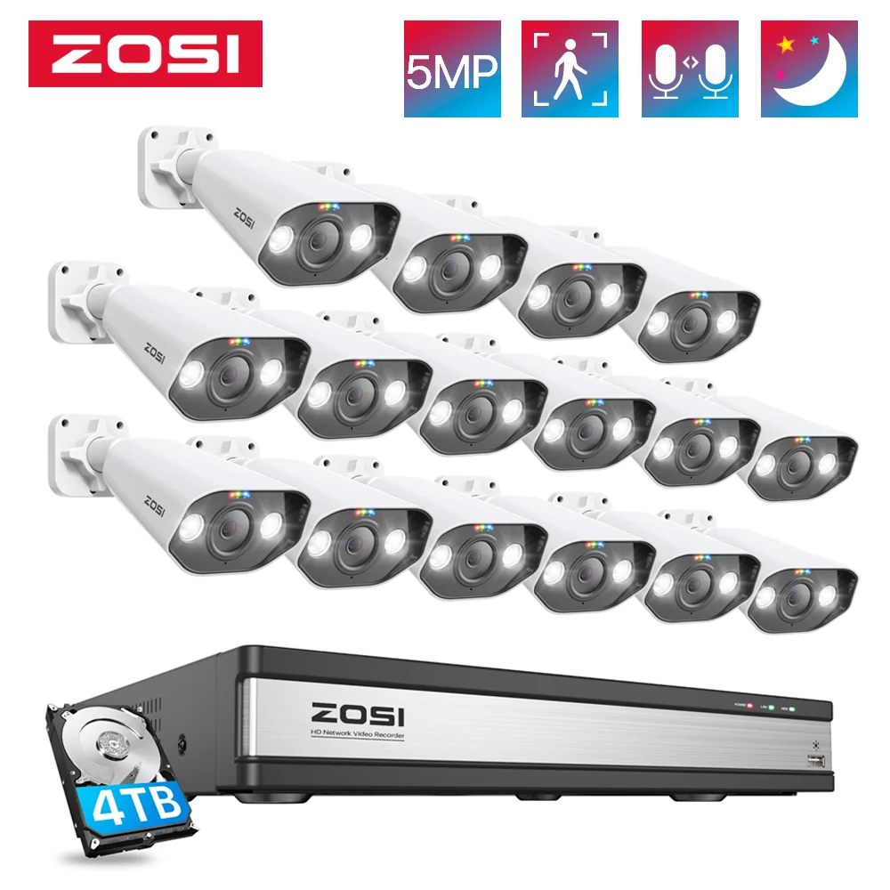 

ZOSI PoE Security Camera System 5MP Spotlight IP Camera Kit 8MP 4K 16CH NVR with Person Vehicle Detection Video Surveillance Set