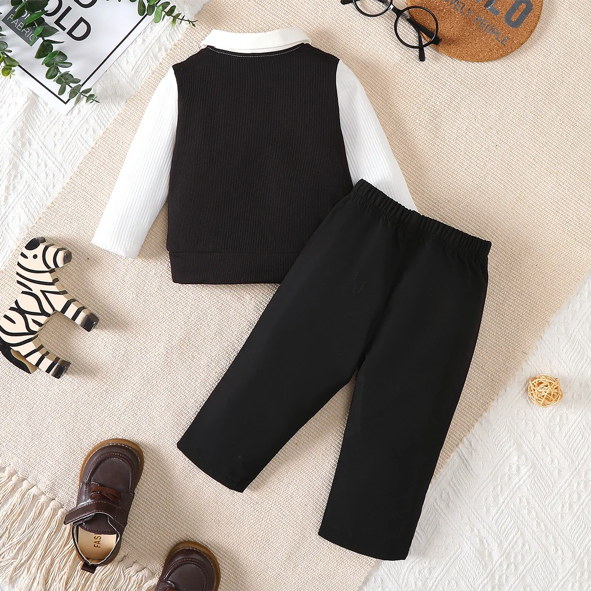 2PCS Men's Baby Autumn/Winter Fashion Formal Long Sleeve Fake Two Piece Set Shirt+Black Pants for 0-3Y Newborn Casual Set