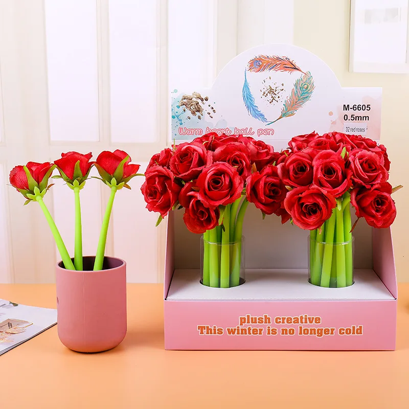 32PCS Creative Rose Neutral Pen 0.5mm Teacher Holiday Gift, Colorful Multi-color Modeling Flower Signature Writing Black Pen