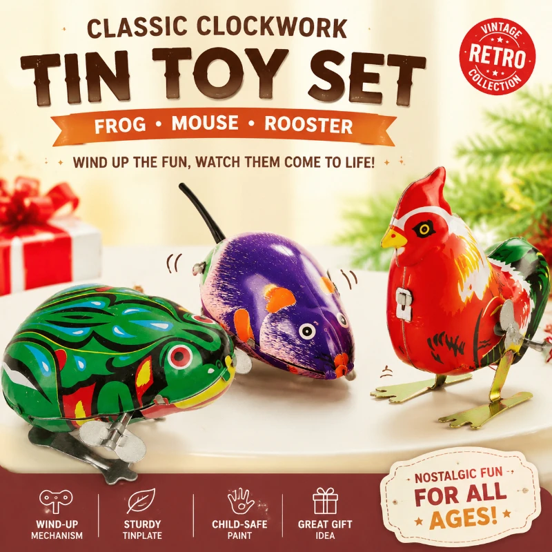 Hand‑operated Clockwork Tin Animal Toy Vintage Style Frog Mouse Rooster Model Home Desktop Decor Gift