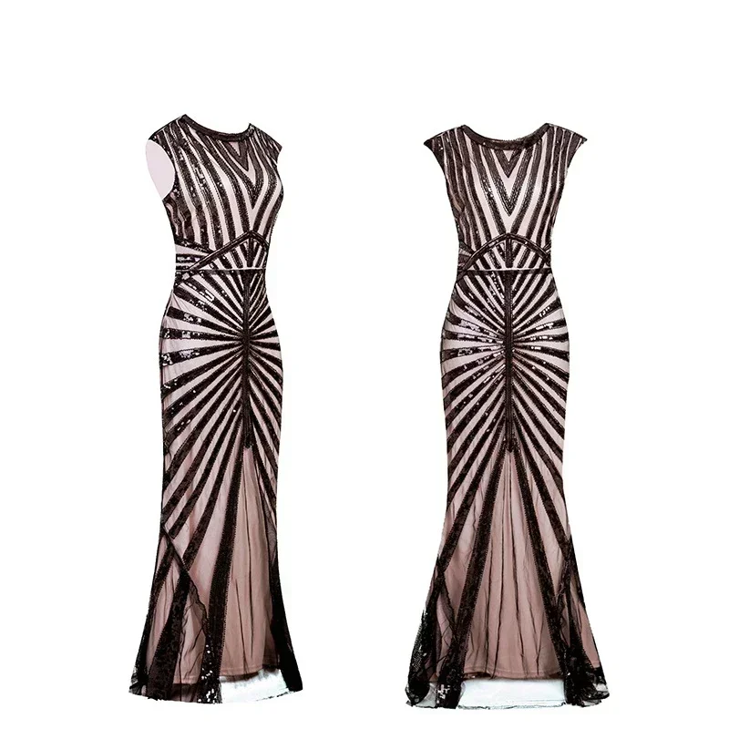 Women 1920s Great Gatsby Dress Long 20s 30S Flapper Dress Vintage O Neck Sleeveless Backless Maxi Party Dress For Prom Cocktail