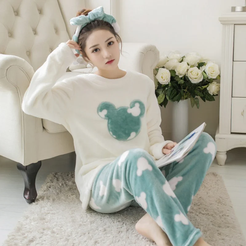 Autumn and Winter Coral Velvet Pajamas Homewear Suit New Ladies Thickened Warm Flannel Homewear Students Padded Pajamas Homewear