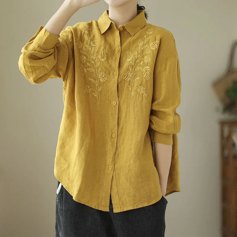 Vintage Fashion Embroidery Spliced Long Sleeve Shirt Women\'s Clothing Casual All-match Loose Solid Color Single-breasted Blouse