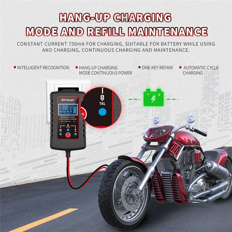 RJTIANYE 6V 12V Fully Automatic Smart Charger 2A High Power Portable Car Motorcycle Battery Charger for Battery Charging US Plug