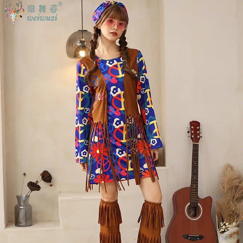 

70s Vintage Hippie Bohemian Dress Disco Stage Perfermance Costume Role Playing Singer Dancer Tassel Fancy Outfit Crazy Enthusias