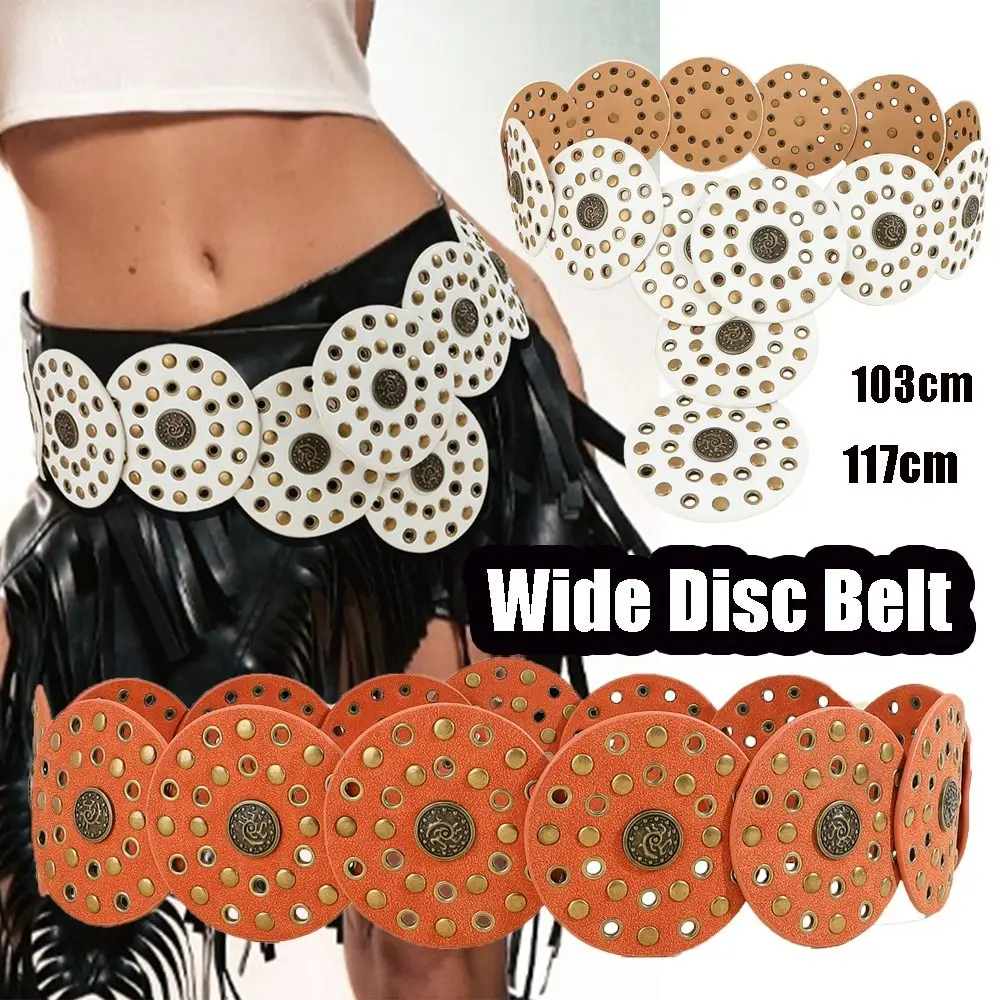 Leather Wide Disc Belt New Hollow Out Wide Disc Round Belts Western Vintage Waist Belt for Women