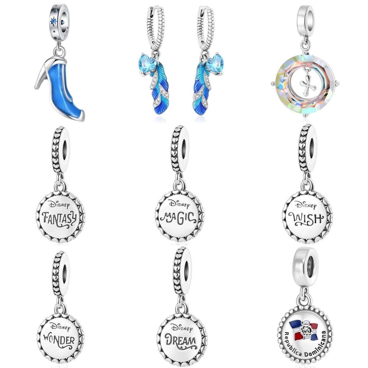 

S925 Silver CharmsHigh Heel Feather Blue Enamel Blue Crystal Heart Crystal Round Crystal DIY Jewelry Accessories for Women