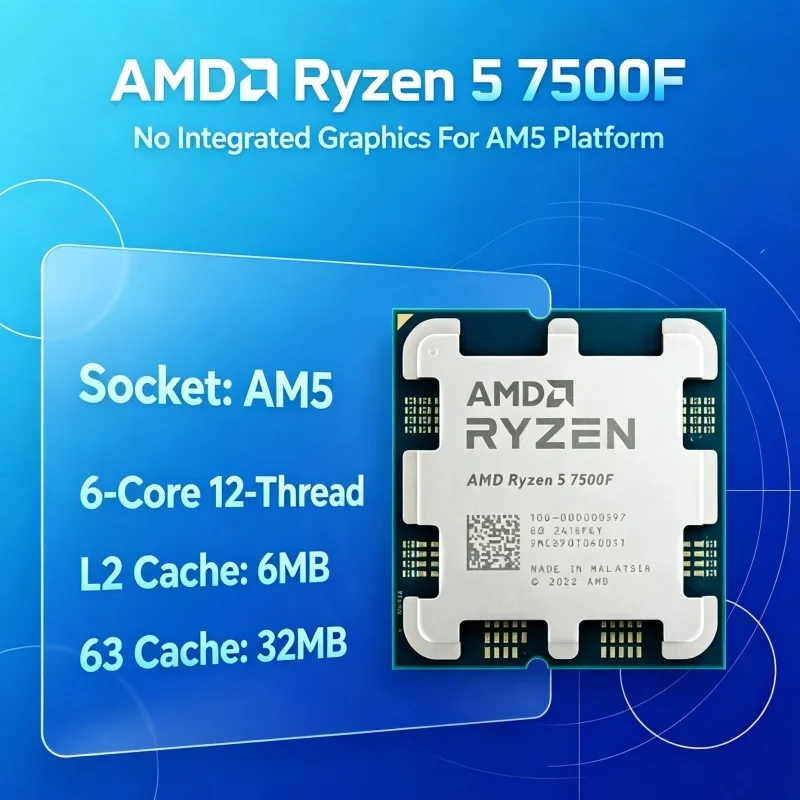 CPU Gamer Econômico Ryzen 5 7500F 3.7GHz até 5.0GHz 65W TDP 32MB L3 AM5 Sem GPU Processador Desktop para Jogos em 1080p 1440p