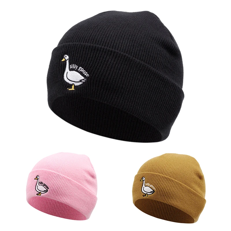 Silly goose Winter warm fashion Beanie hat embroidered women men knitted hat outdoor hat