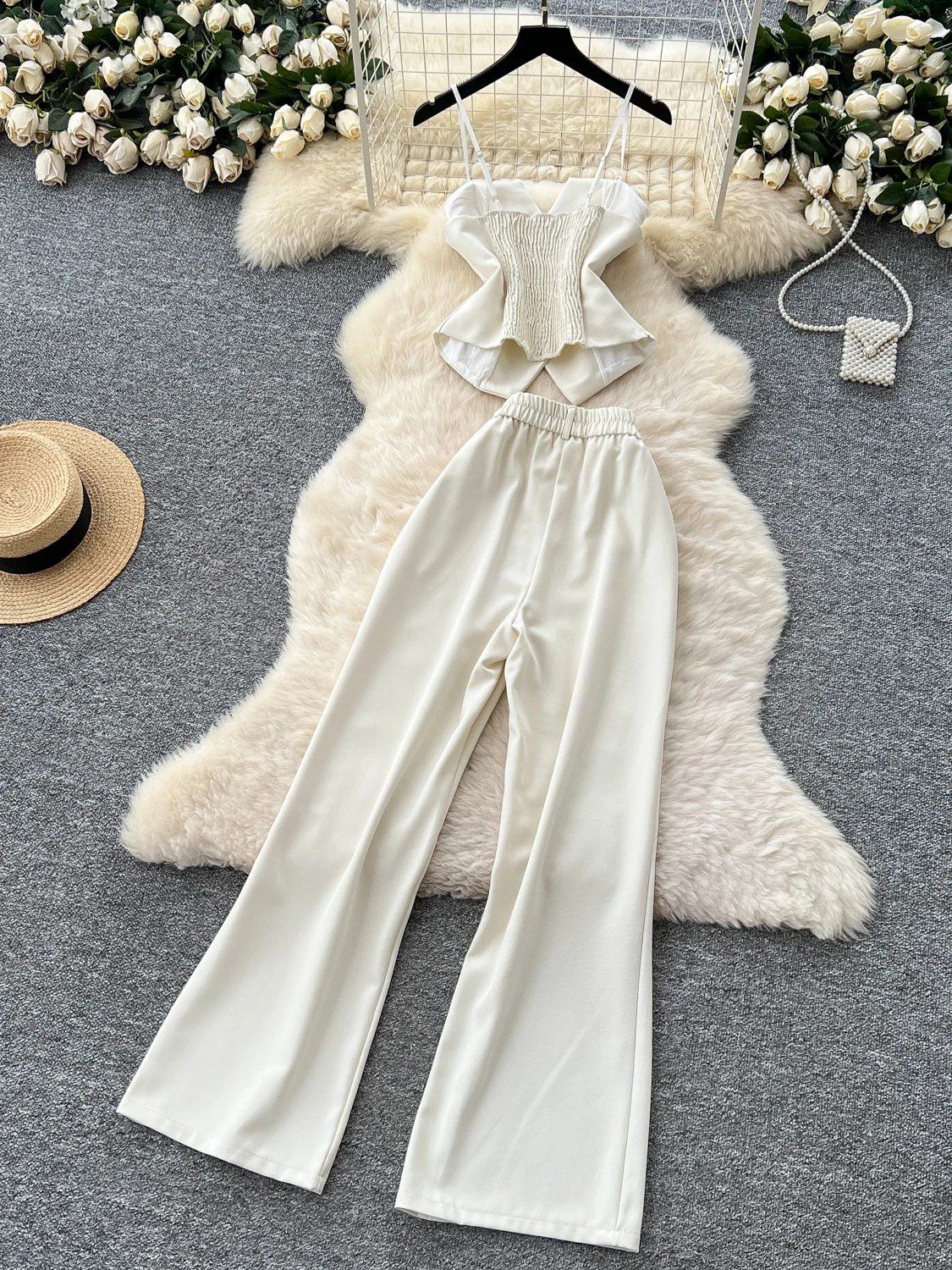 유행하는 여성 여름 세트 하이웨이스트 와이드 레그 스트레이트 팬츠 베스트 투피스 수트 벨티드 크롭탑 트렌디 의상