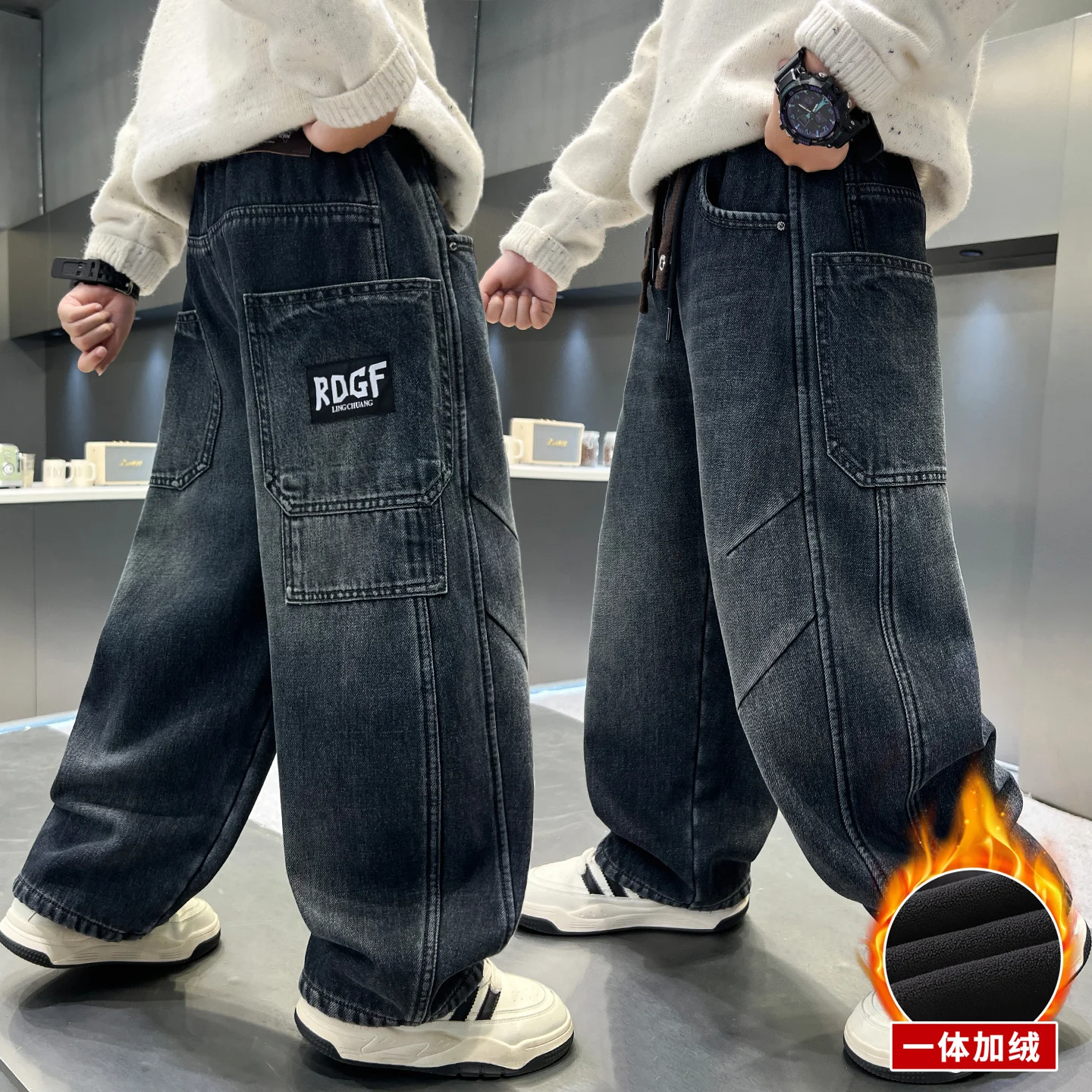 

4-14Y Kids Thick Pants One Piece Insulated Wool Vintage Jeans Winter Clothes for Boy Children's Trousers Korean Elastic Pants