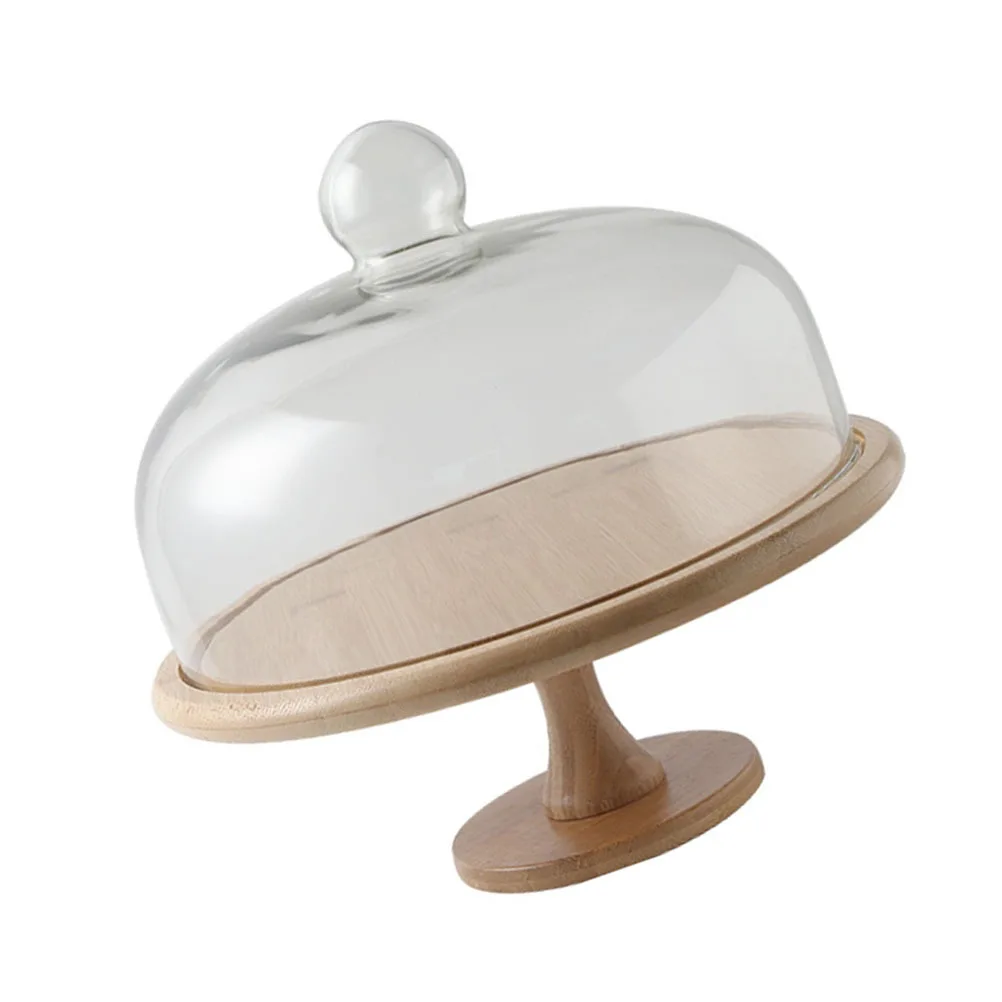 

1 Set Glass Cover Cake Dome Wooden High Foot Display Tray For Dessert Snack Bread Cookie Party Wedding Home Tall Food Cover
