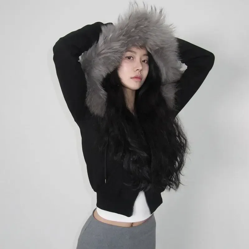 

Fur Collar Patchwork Zip Up Hoodie Autumn Winter New Casual All Match Long Sleeves Outerwear Trendy Streetwear Y2k Jacker Top