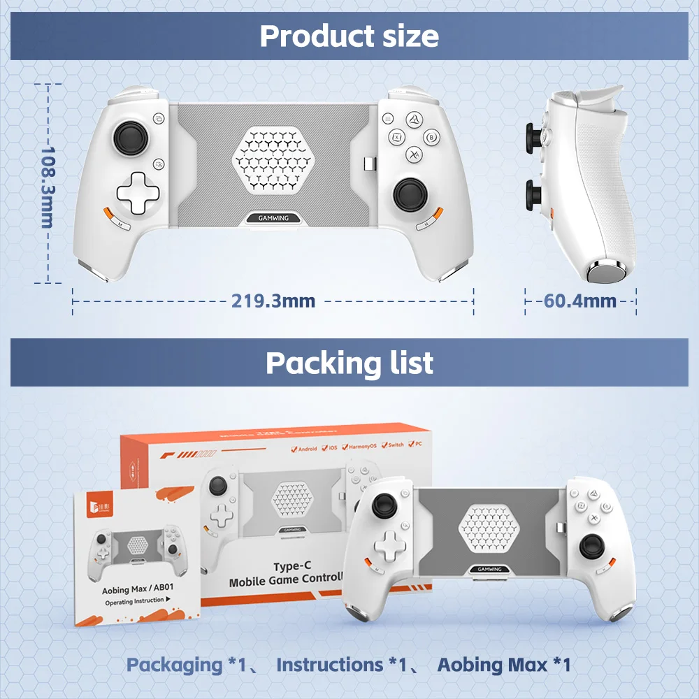 وحدة تحكم ألعاب الهاتف المحمول الجديدة Gamwing AoBing Max، عصا التحكم من النوع C، سلكية وBT متوافقة مع Android، iOS، PC، Switch