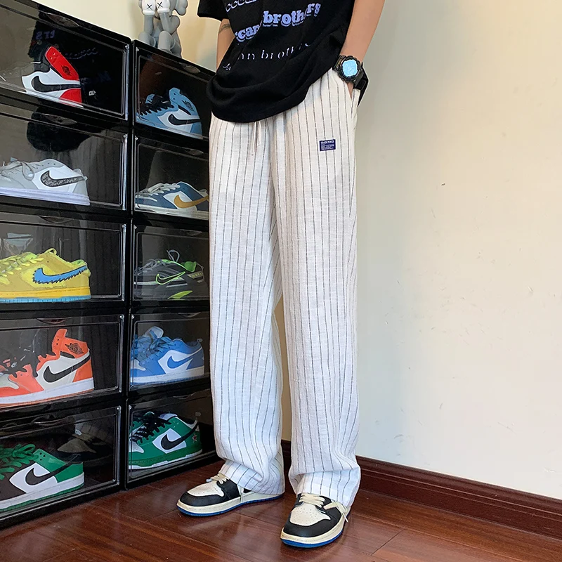 

Белые льняные мужские повседневные брюки: летние, тонкие, дышащие, в полоску, свободные, прямые, длинные, удобные, из хлопка и льна