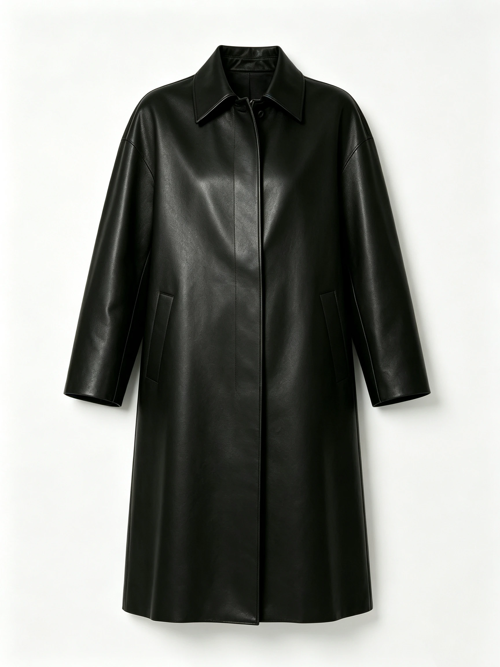 Women's Long Faux Leather Trench Coat with Minimalist Shirt Collar and Straight Cut