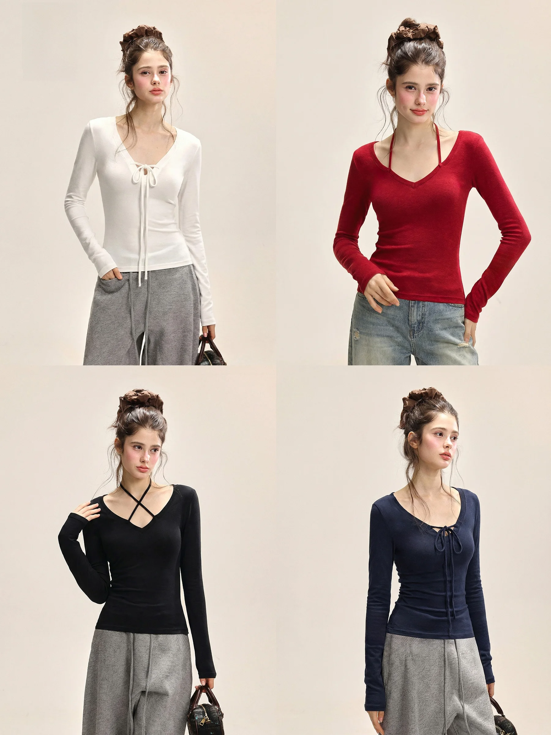 

Pure Color Belted Base Shirt Women's Spring American V-neck Slimming Long Sleeve T-shirt Korean Style Creative Pattern