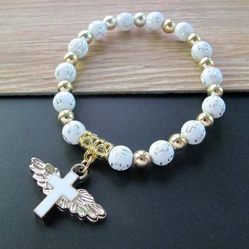 Gilding Acrylic Cross Bead Bracelet Exquisite Angel Cross Religious Belief Best Christian Jewelry for Women Charm Bracelets