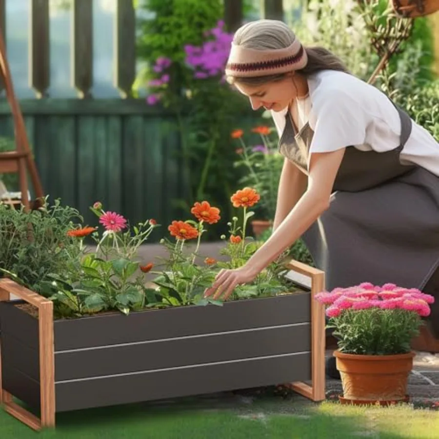 Metal Raised Garden Bed, Outdoor Raised Planter Box with Woodgrain Finish, Elevated Planter Box