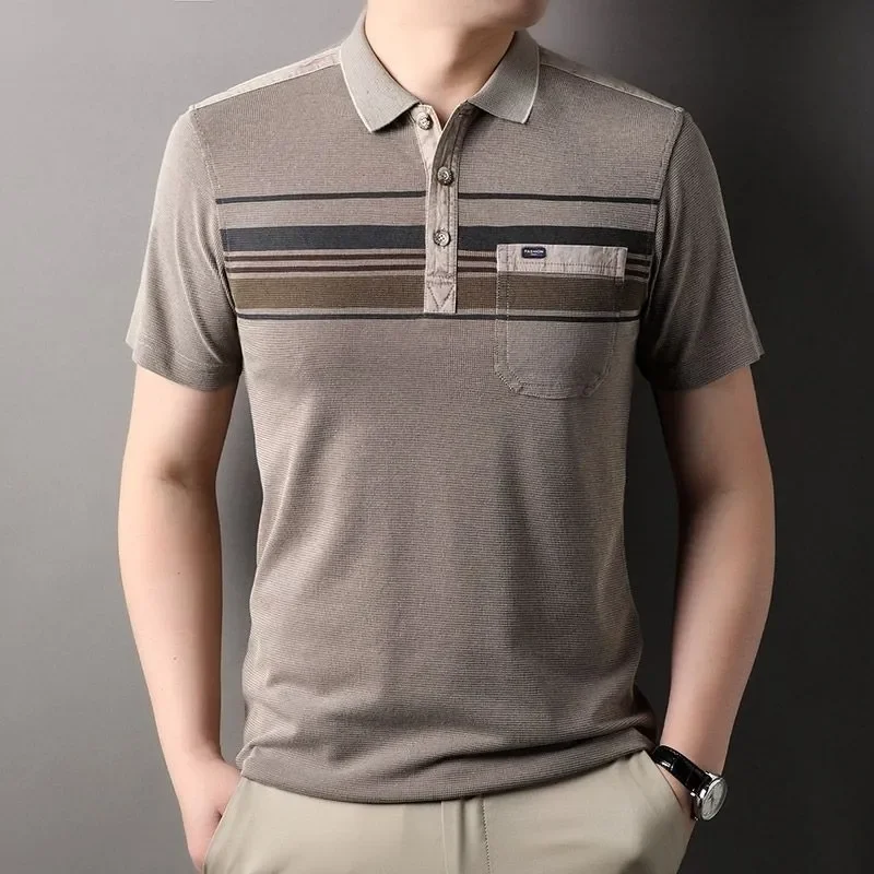 Washed Vintage T-Shirt Polo Shirt for Middle-Aged and Elderly Men, Solid Color Casual Top, British Style with Pockets, Washed and Distressed Craftsmanship, Nostalgic Retro Style with Faded Effect