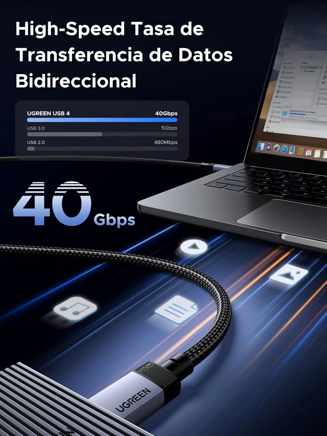 UGREEN USB C إلى USB C كابل USB4 GEN3 240W الألومنيوم حالة مضفر نموذج رمادي سماوي داكن 3.3ft 8K 60 هرتز