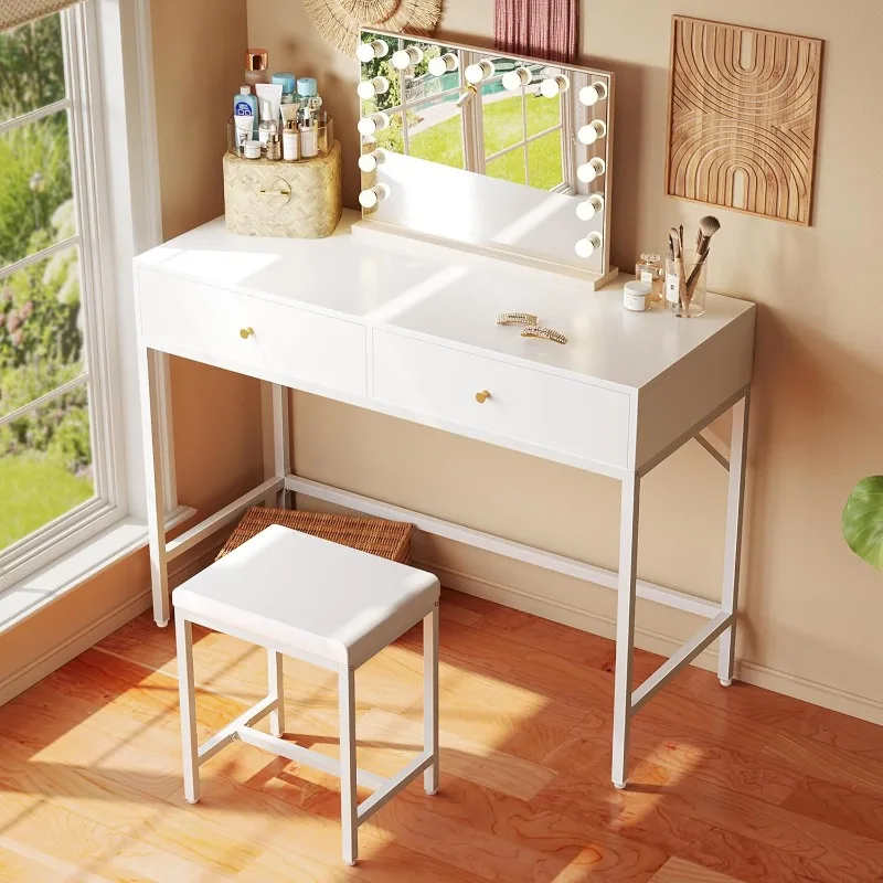 35.4 Inch White Desk with 2 Drawers, Modern Makeup Vanity with Upholstered Stool